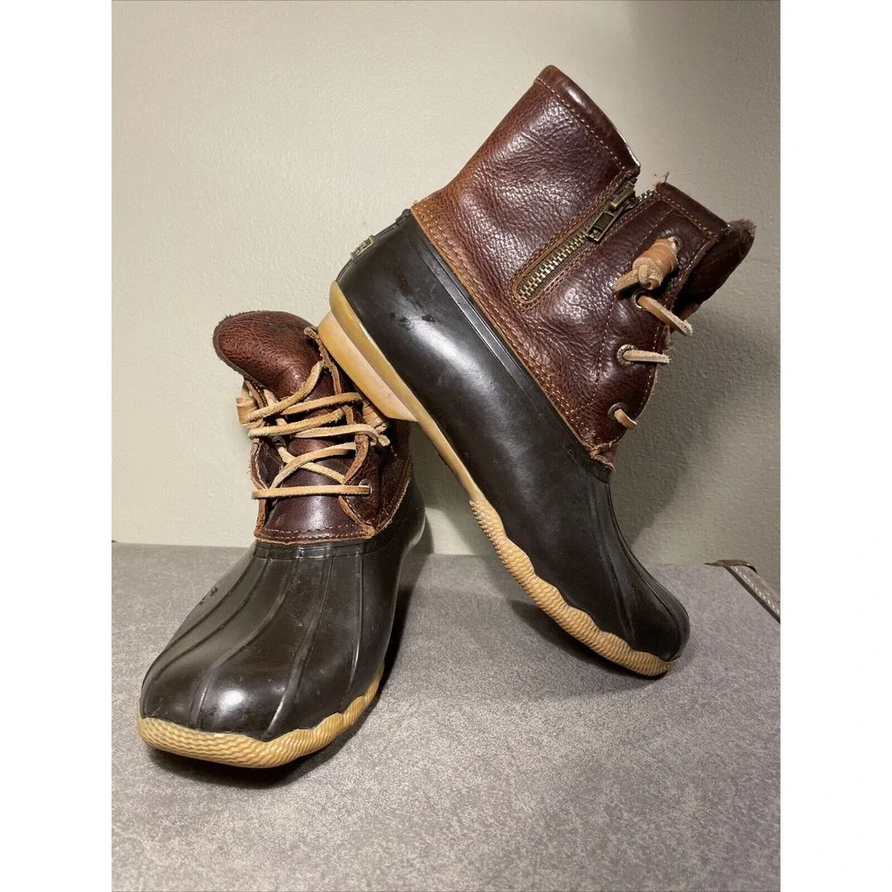 Sperry Women's Sz 6 Bootie Saltwater Duck Waterproof Rubber‎ Brown Boots Gum